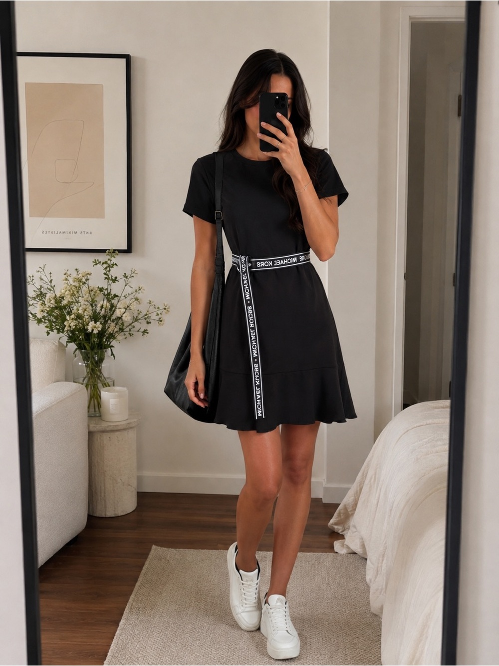 Michael Kors Black Flounce Hem Dress with Reversible Logo Belt Size 4